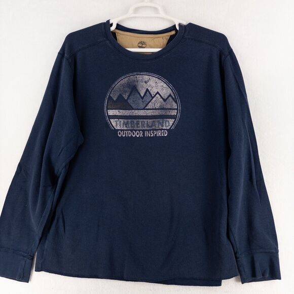Timberland graphic Print Waffle Knit Thermal Long Sleeve Shirt Blue Men Size XL - Picture 1 of 8